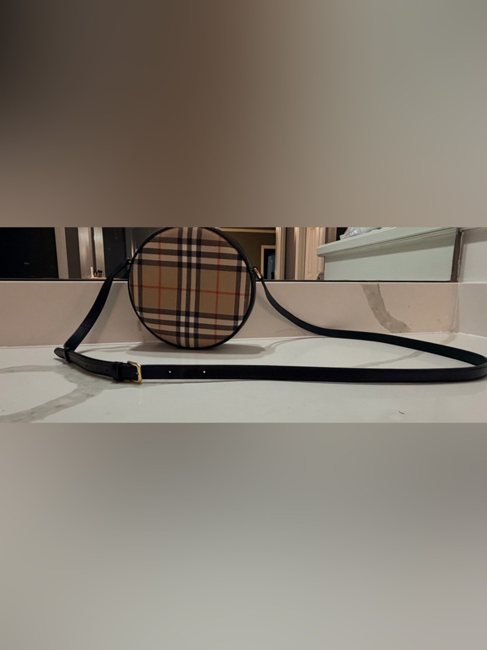 Burberry Vintage Louise Check Round Crossbody Bag Beige Black W/gold hardware